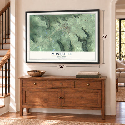 Monteagle, Tennessee map, 24 x 36 inch print in a black frame above a dresser by a staircase