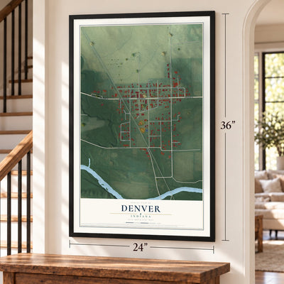 Denver, Indiana map, 24 x 36 inch print in a black frame by a staircase