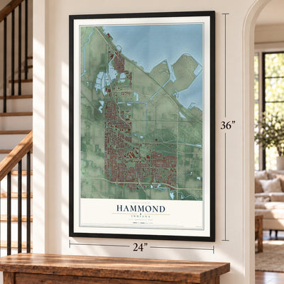 Hammond, Indiana map, 24 x 36 inch print in a black frame by a staircase
