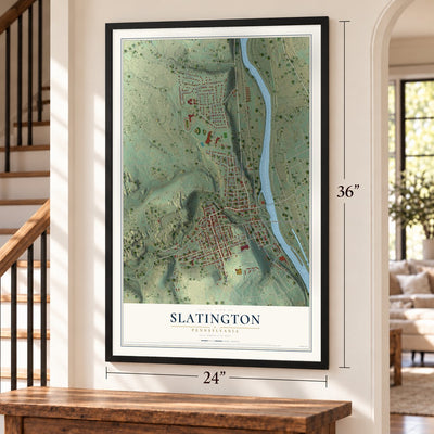 Slatington, Pennsylvania map, 24 x 36 inch print in a black frame by a staircase