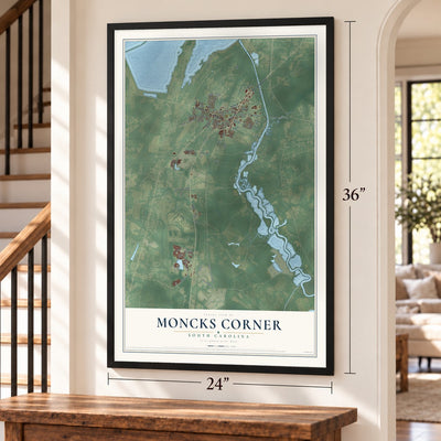Moncks Corner, South Carolina map, 24 x 36 inch print in a black frame by a staircase