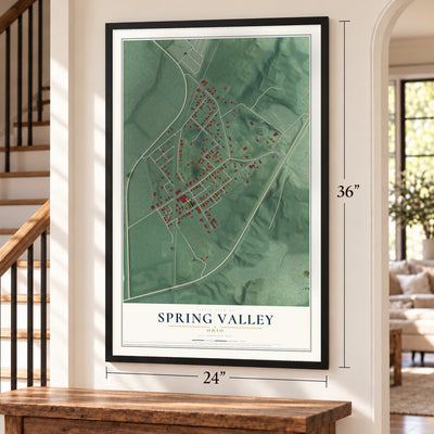 Spring Valley, Ohio map, 24 x 36 inch print in a black frame by a staircase