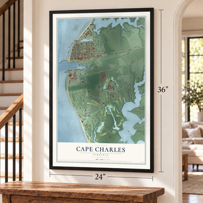 Cape Charles, Virginia map, 24 x 36 inch print in a black frame by a staircase