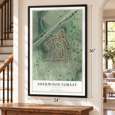 Sherwood Forest, Georgia map, 24 x 36 inch print in a black frame by a staircase