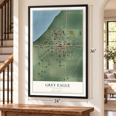 Grey Eagle, Minnesota map, 24 x 36 inch print in a black frame by a staircase