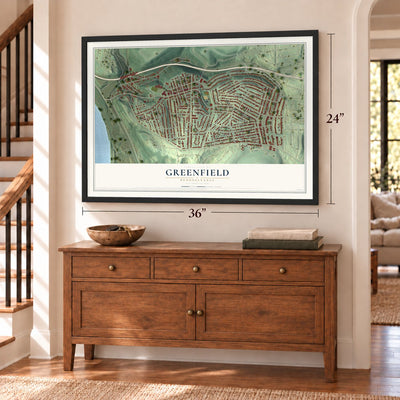 Greenfield, Pennsylvania map, 24 x 36 inch print in a black frame above a dresser by a staircase