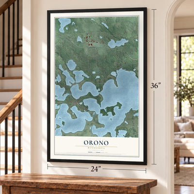 Orono, Minnesota map, 24 x 36 inch print in a black frame by a staircase