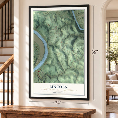Lincoln, Allegheny County, Pennsylvania map, 24 x 36 inch print in a black frame by a staircase