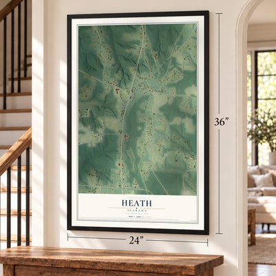 Heath, Alabama map, 24 x 36 inch print in a black frame by a staircase