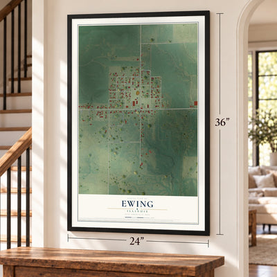Ewing, Illinois map, 24 x 36 inch print in a black frame by a staircase