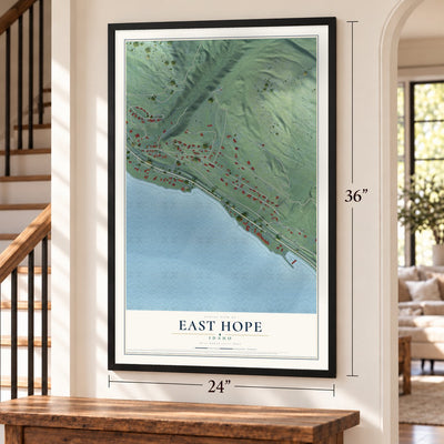 East Hope, Idaho map, 24 x 36 inch print in a black frame by a staircase