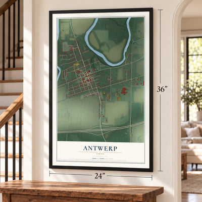 Antwerp, Ohio map, 24 x 36 inch print in a black frame by a staircase