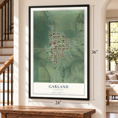 Garland, Nebraska map, 24 x 36 inch print in a black frame by a staircase