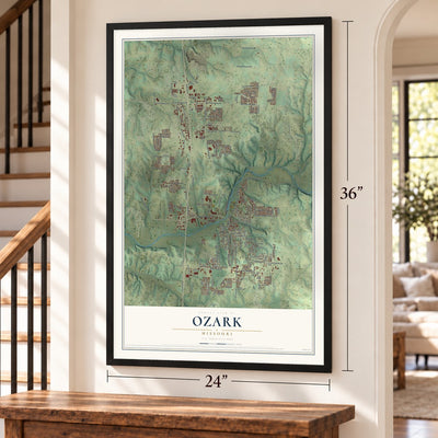Ozark, Missouri map, 24 x 36 inch print in a black frame by a staircase