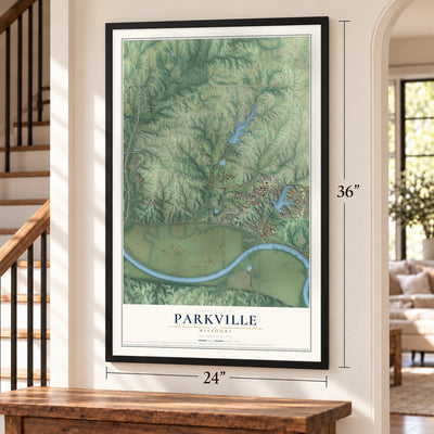 Parkville, Missouri map, 24 x 36 inch print in a black frame by a staircase