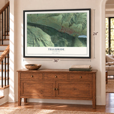 Telluride, Colorado map, 24 x 36 inch print in a black frame above a dresser by a staircase