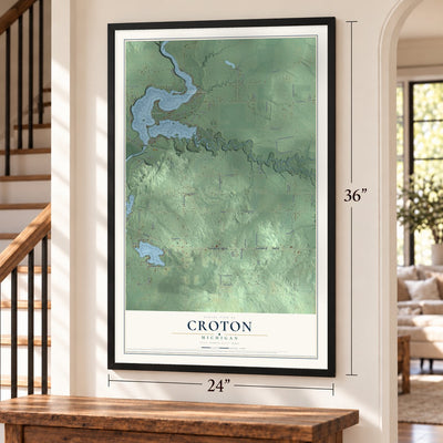 Croton, Michigan map, 24 x 36 inch print in a black frame by a staircase