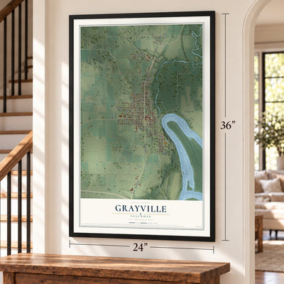Grayville, Illinois map, 24 x 36 inch print in a black frame by a staircase