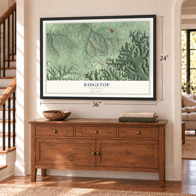 Ridgetop, Tennessee map, 24 x 36 inch print in a black frame above a dresser by a staircase