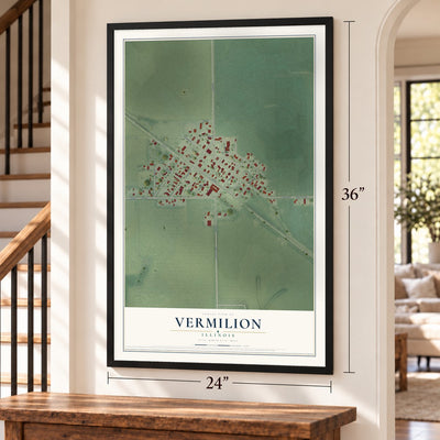 Vermilion, Illinois map, 24 x 36 inch print in a black frame by a staircase