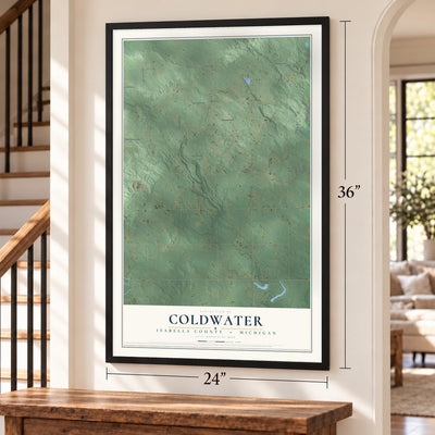 Coldwater, Isabella County, Michigan map, 24 x 36 inch print in a black frame by a staircase