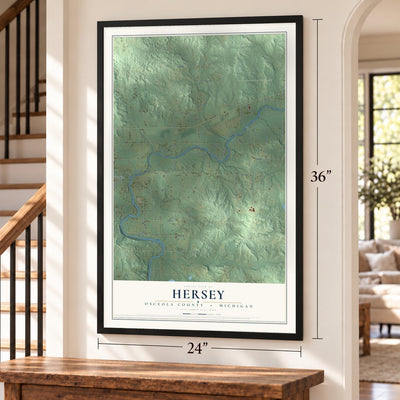 Hersey, Osceola County, Michigan map, 24 x 36 inch print in a black frame by a staircase