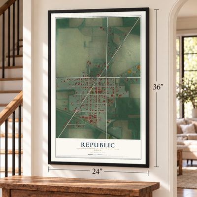 Republic, Ohio map, 24 x 36 inch print in a black frame by a staircase