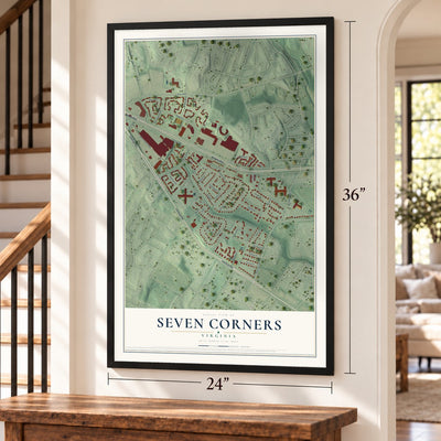 Seven Corners, Virginia map, 24 x 36 inch print in a black frame by a staircase