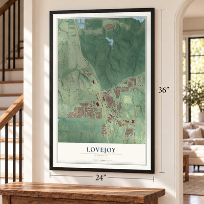Lovejoy, Georgia map, 24 x 36 inch print in a black frame by a staircase