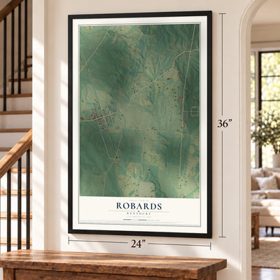 Robards, Kentucky map, 24 x 36 inch print in a black frame by a staircase