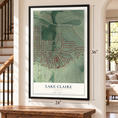 Lake Claire, Georgia map, 24 x 36 inch print in a black frame by a staircase
