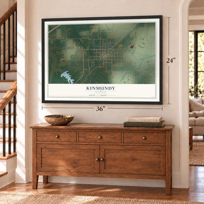Kinmundy, Illinois map, 24 x 36 inch print in a black frame above a dresser by a staircase