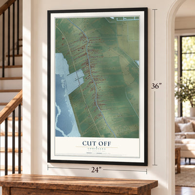 Cut Off, Louisiana map, 24 x 36 inch print in a black frame by a staircase