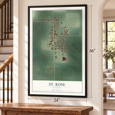 St. Rose, Illinois map, 24 x 36 inch print in a black frame by a staircase