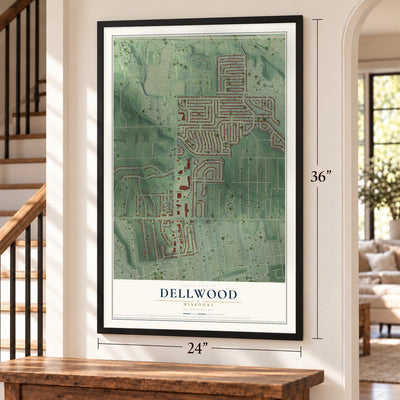 Dellwood, Missouri map, 24 x 36 inch print in a black frame by a staircase
