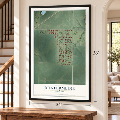 Dunfermline, Illinois map, 24 x 36 inch print in a black frame by a staircase