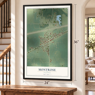 Montrose, Illinois map, 24 x 36 inch print in a black frame by a staircase