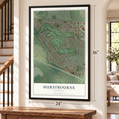 Hurstbourne, Kentucky map, 24 x 36 inch print in a black frame by a staircase