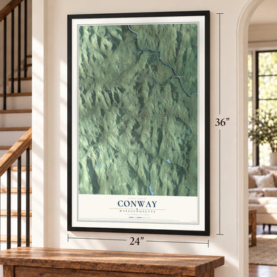 Conway, Massachusetts map, 24 x 36 inch print in a black frame by a staircase