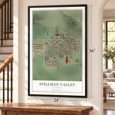 Stillman Valley, Illinois map, 24 x 36 inch print in a black frame by a staircase