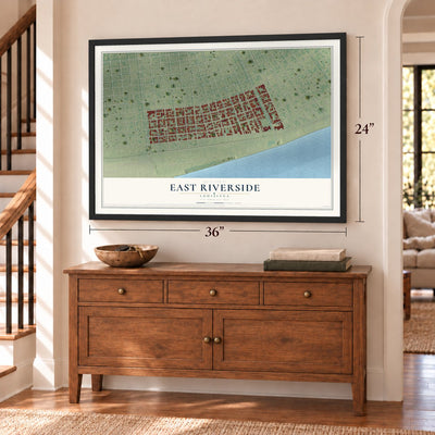 East Riverside, Louisiana map, 24 x 36 inch print in a black frame above a dresser by a staircase