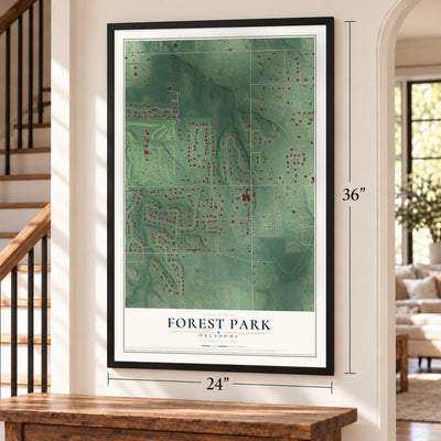 Forest Park, Oklahoma map, 24 x 36 inch print in a black frame by a staircase