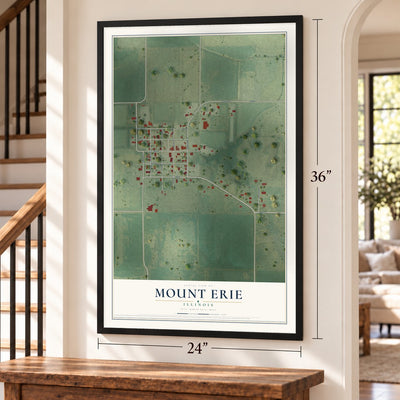 Mount Erie, Illinois map, 24 x 36 inch print in a black frame by a staircase