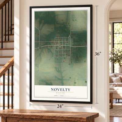 Novelty, Missouri map, 24 x 36 inch print in a black frame by a staircase