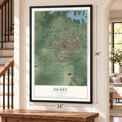Olney, Illinois map, 24 x 36 inch print in a black frame by a staircase