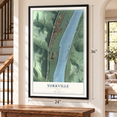 Yorkville, Ohio map, 24 x 36 inch print in a black frame by a staircase