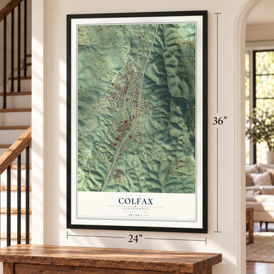 Colfax, California map, 24 x 36 inch print in a black frame by a staircase