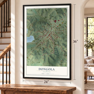 Dongola, Illinois map, 24 x 36 inch print in a black frame by a staircase