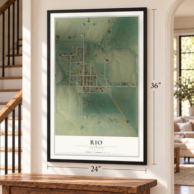 Rio, Illinois map, 24 x 36 inch print in a black frame by a staircase