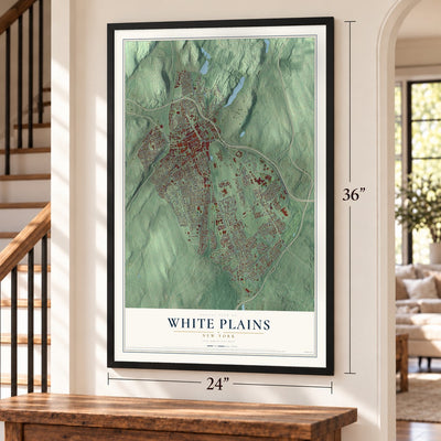 White Plains, New York map, 24 x 36 inch print in a black frame by a staircase